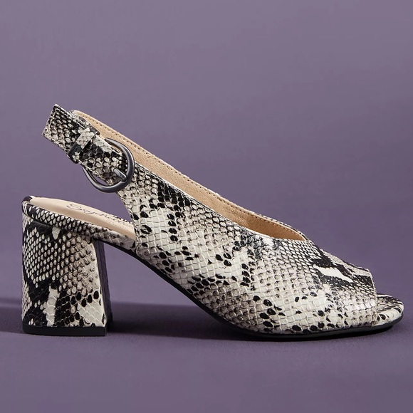 Snakeskin Slingback Peep Toe Block Heel Sandals - Picture 3 of 5